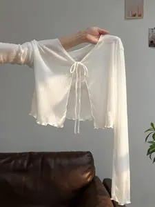 1 Piece Lightweight Casual Sheer Tie-Front Shrug Top Women's Long Sleeve Cropped Sun Protection Cover Up
