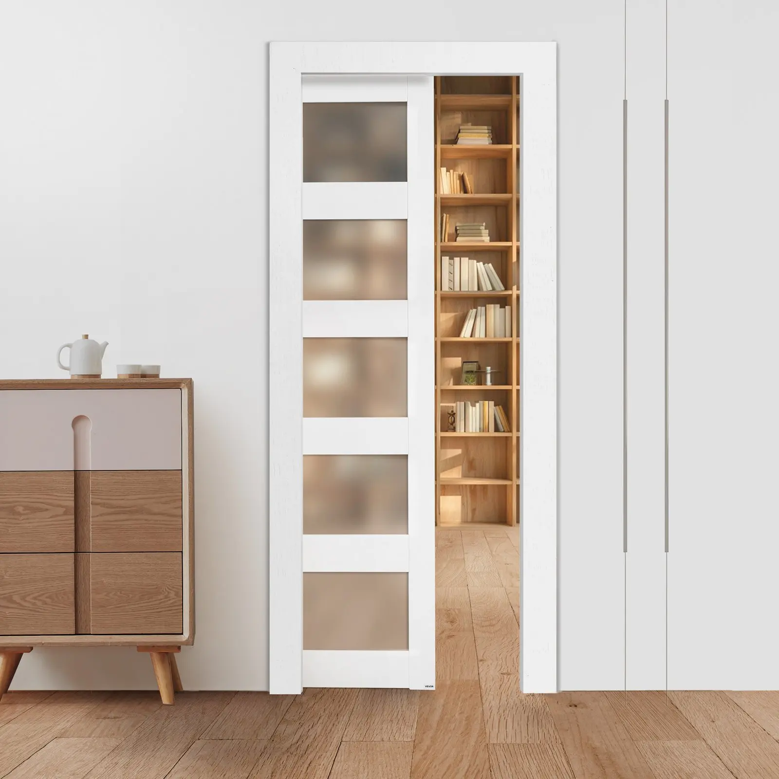 【DealsForYouDays】VEVOR Sliding Pocket Door, 30" x 80", 5-Lite Frosted Glass Single Sliding Door with Hardware Kit, Sturdy Solid Wood & MDF Pocket Doors Slab with Waterproof Surface for Bedroom Kitchen Study Room