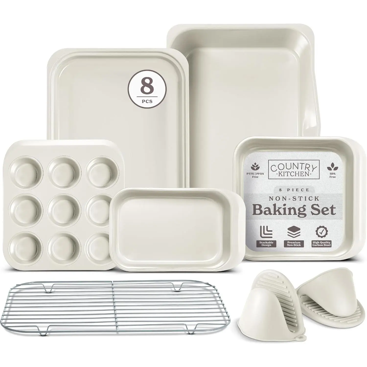 Nonstick Stackable Bakeware Set - Deluxe Heavy Duty, Durable, Easy Release Baking Set, 8 Pcs, Cream