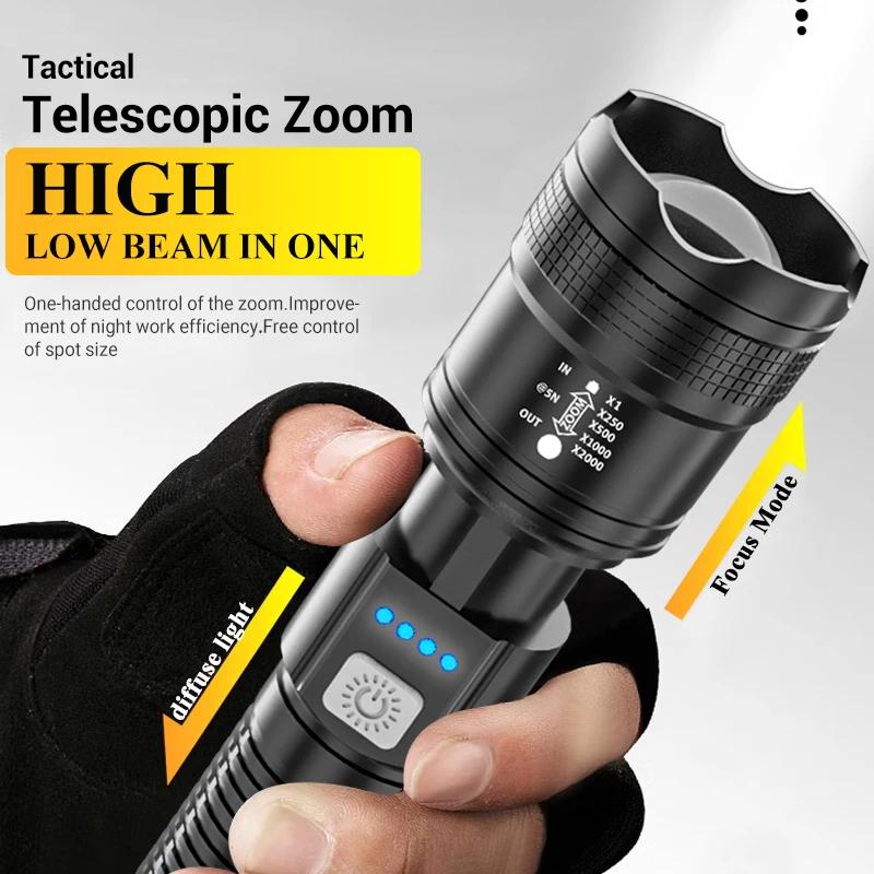High Strong Power Led Flashlights Tactical Torch with Display Light USB Charging Camping Fishing Emergency Zoom Lantern