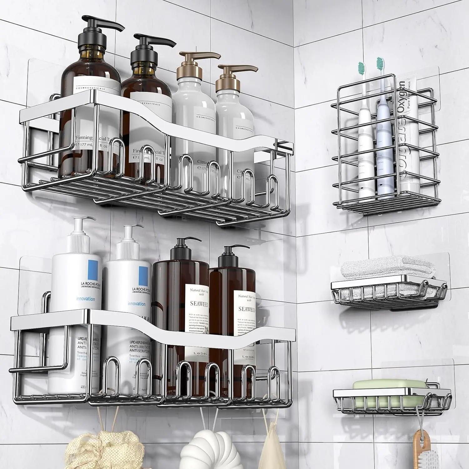 {"title":"5-Pack Adhesive Shower Caddy Organizer, Large Capacity Rustproof Stainless Steel Shelves, No-Drill Bathroom Storage for Shower, Kitchen & Home Decor"}