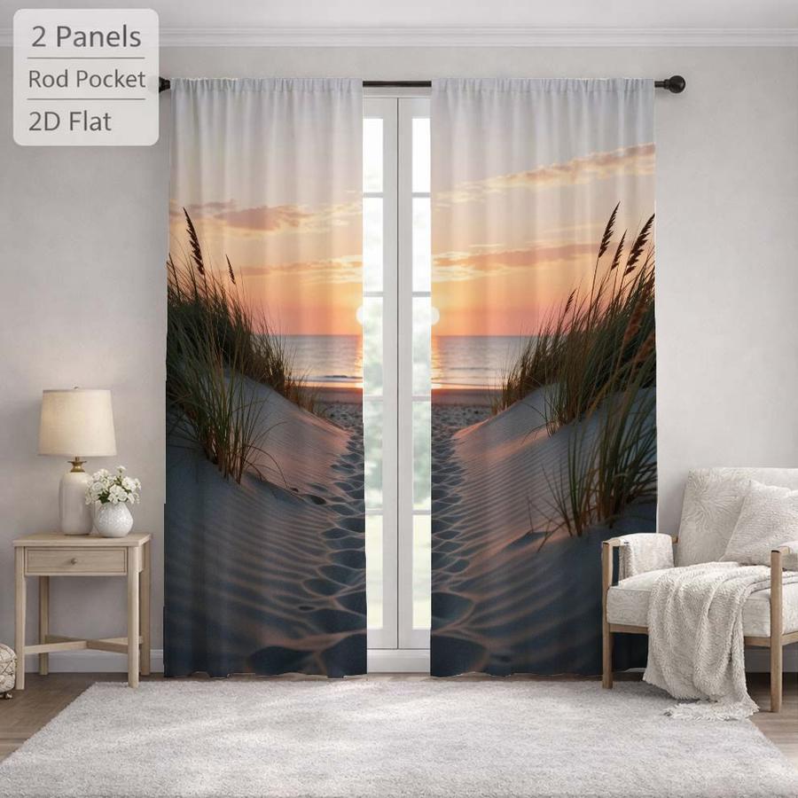 2Pcs Beach Landscape Sunset Pattern Seaside Scenery Sun Blocking Curtains Digital Printed Rod Pocket, Window Treatment For Bedroom Office Kitchen Living Room Study Home Decor