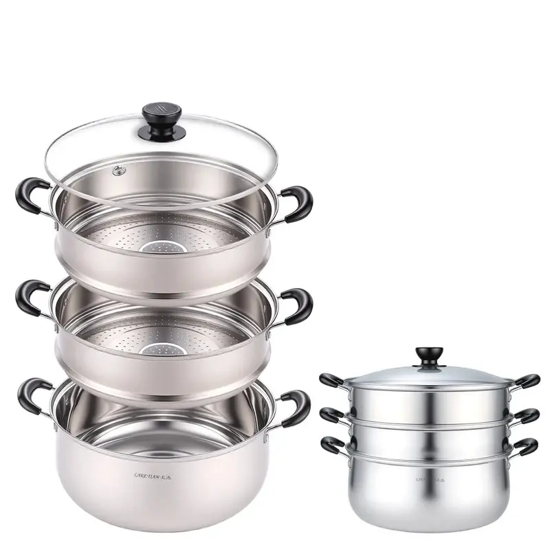 3-Tier Stainless Steel Steamer Pot Set, Stackable Multilayer Steamer with Pan Insert & Glass Lid, Multipurpose Cookware Saucepan for Vegetable Cooking, Set Pack
