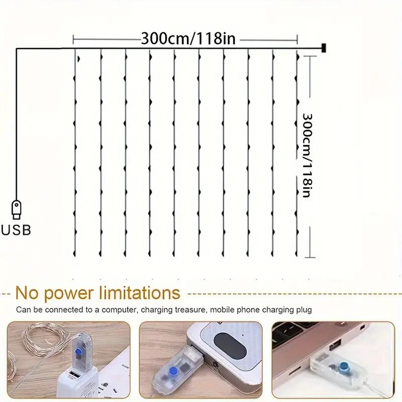 300led Fairy Curtain Light, USB Powered, 8 Flash Modes, Ideal for Windowsill, Bedroom, Wedding, Easter Decor, Indoor Outdoor Use, Curtain String Lights, Atmosphere Light, LED Decoration, LED Lighting