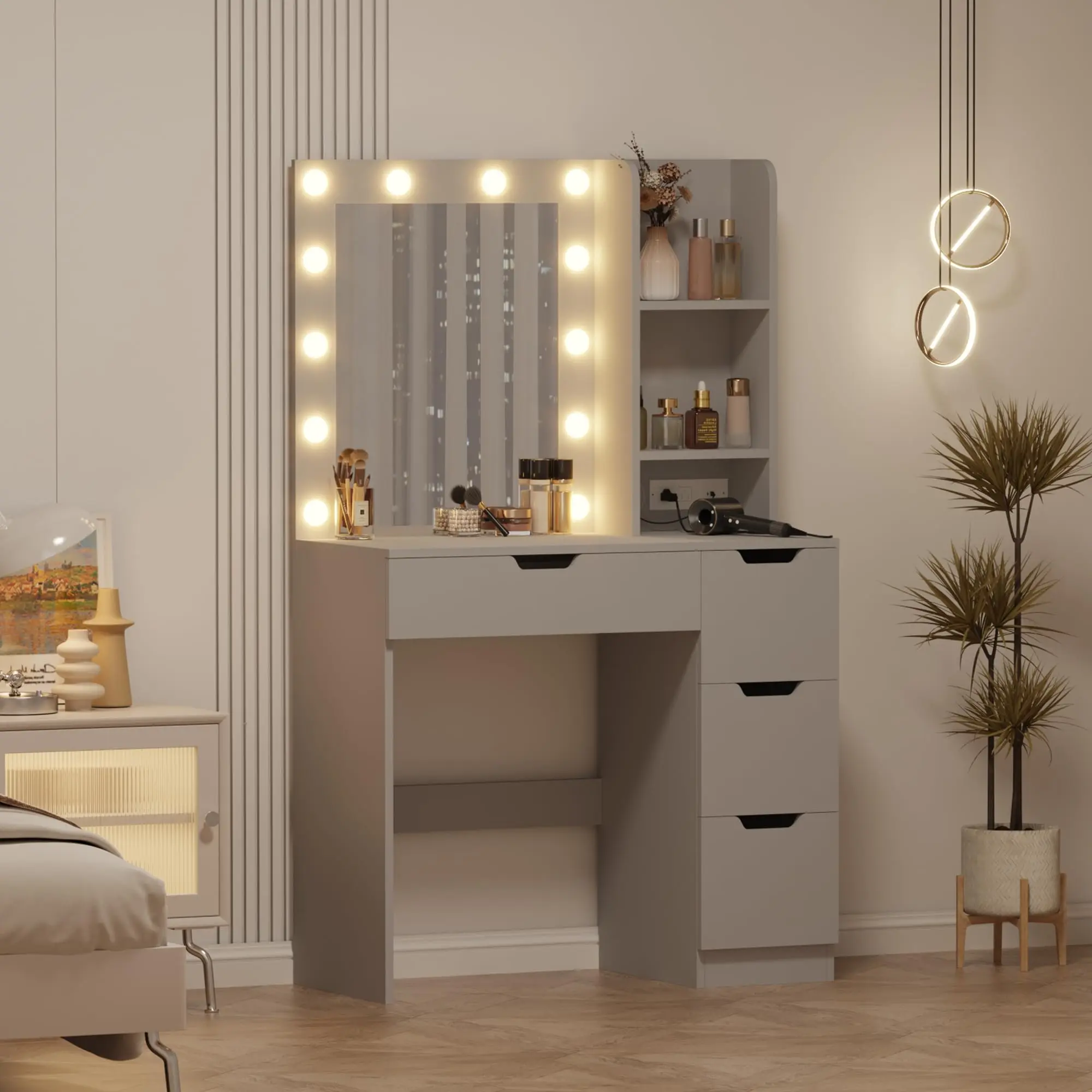 Small Vanity Desk with Mirror & Lights – 35.4" Makeup Table with 4 Drawers, 3 Shelves, Power Outlets & 3 Color Modes – Bedroom Dressing Set