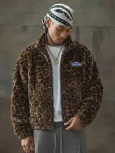 Men's Streetwear Leopard Print Jacket, Casual Spring & Fall Outerwear, Neutral Texture, Daily Wear, Trendy Hoodie Style