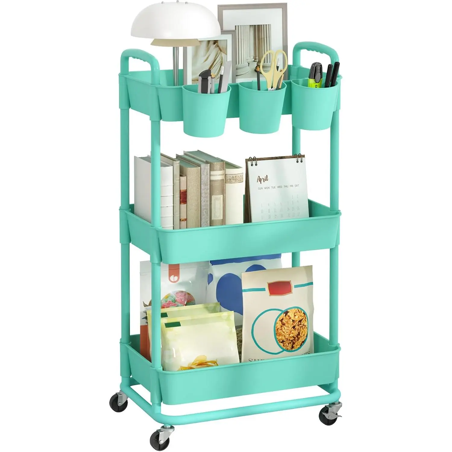 3-Tier Plastic Rolling Storage Cart Utility Cart with Extra  Cups Handles Lockable Wheels for Living Room Bathroom Kitchen Office Green
