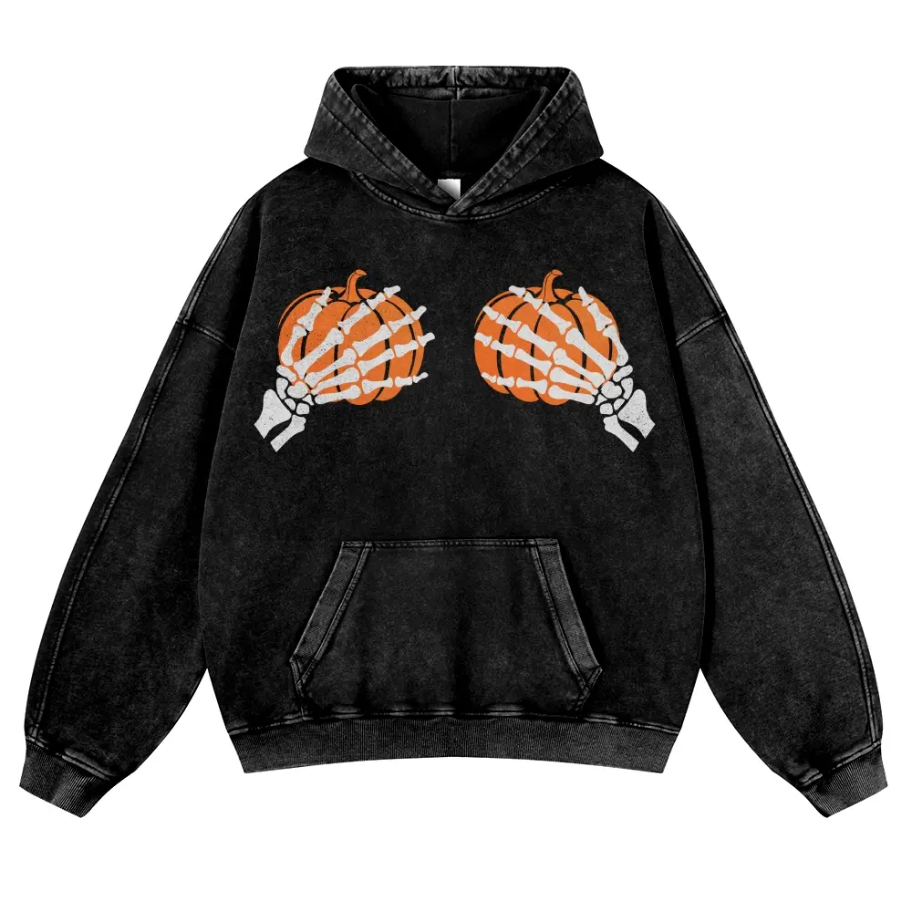 [ DTG Print ] Playful Meme Gothic Halloween Aesthetic, Skeleton Hands Holding Pumpkin Pair Front Print 380g Autumn VIntage Washed Hoodie Graphic Sweatshirt,back to school,back to school shopping