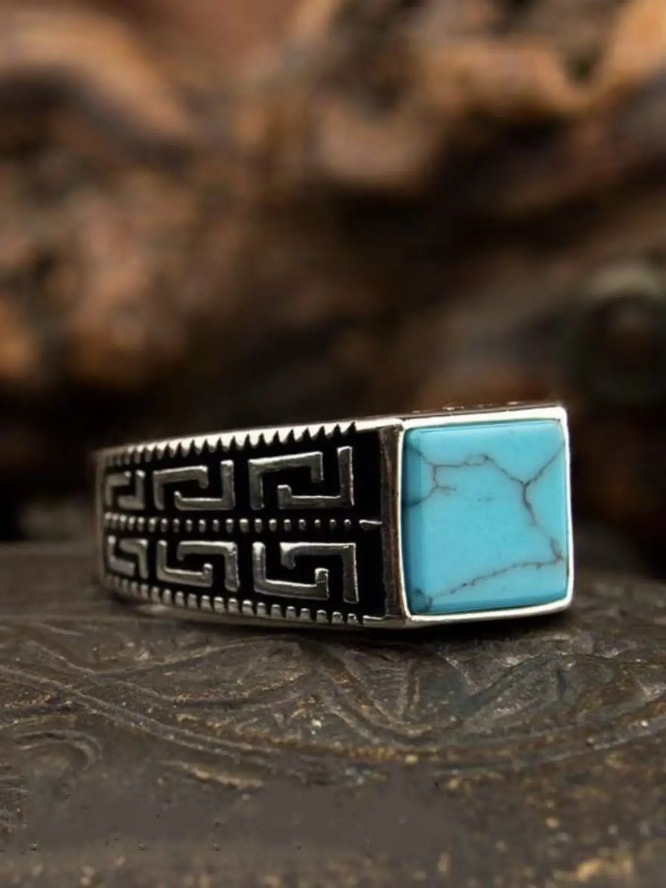 Vintage Fashion Men's Ring, Simple Blue Square Turquoise Striped, Unique Trendy Holiday Gift Jewelry, Stylish Accessory for Men