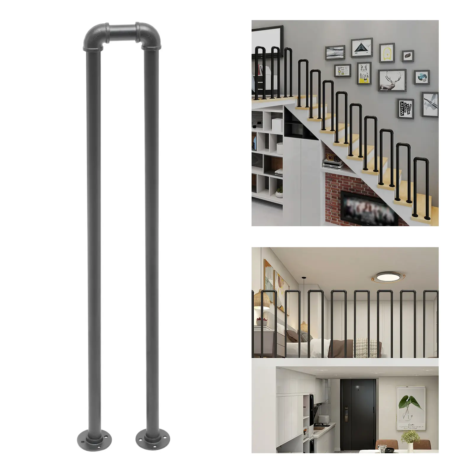 U Shape Handrail 100cm Black Steel for Stairs Loft Indoor Fence Safety Use