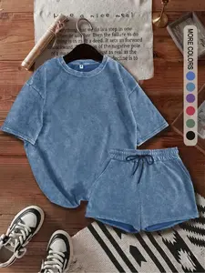 Multicolor acid-wash distressed matching set: soft, skin-friendly fabric featuring a relaxed drop-shoulder tee and high-waisted wide-leg shorts—a versatile, trendy everyday outfit.