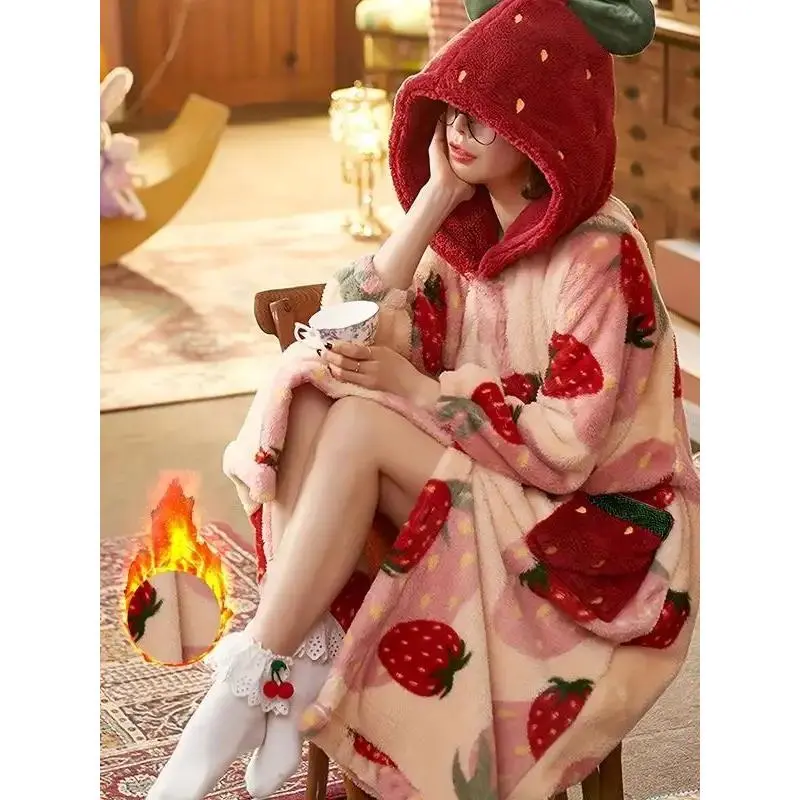 New Strawberry Women's Robe Bathrobe, Autumn Winter Coral Fleece Warm Loose Home Wear, Wearable Blanket, Perfect Gift for Girlfriend