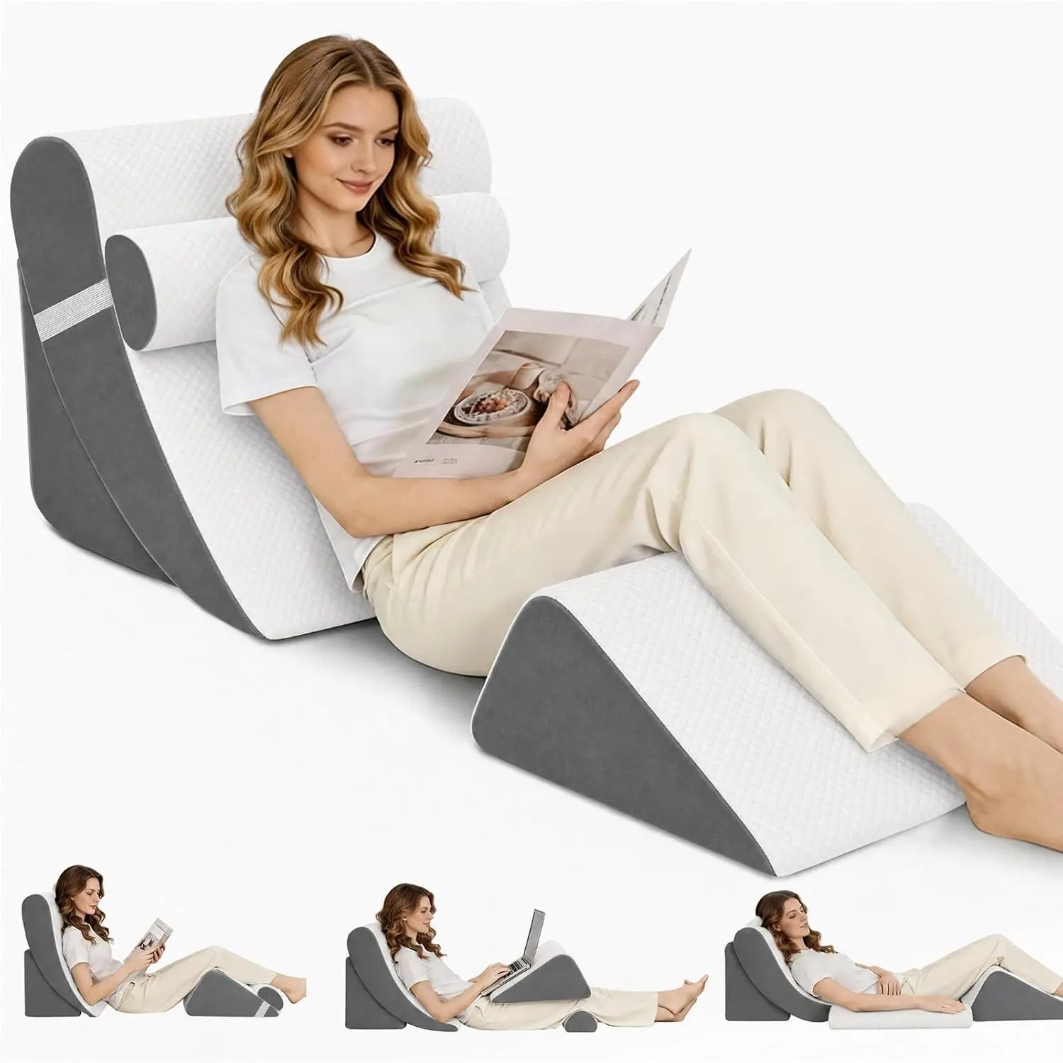 4PCS Orthopedic Bed Wedge Pillow Set for Post Surgery & Pain Relief, Adjustable Wedge Pillow for Back,Acid Reflux,Sitting up in Bed,Recovery,Snoring,Body Pillow for Sleeping (White/Dark Grey)