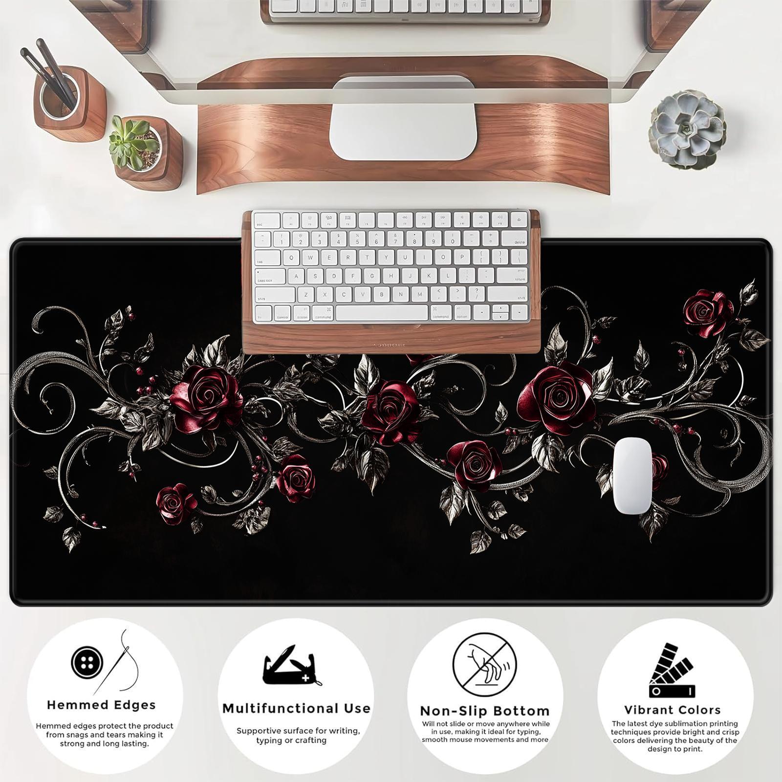 Gothic Rose Pattern Mouse Pad, Rectangle Gaming Mouse Pad, Non-slip Mousepad, Office Desk Keyboard Mouse Mat for Home Office Game Room Desk, Corporate Work Desk Accessories
