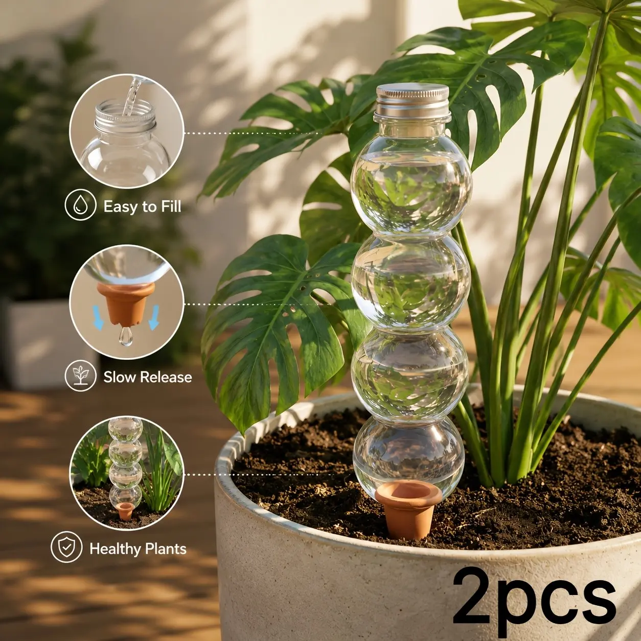 2 Pcs Automatic Plant Self Watering Devices, Terracotta Clay Tip Self-Watering Globes, Slow Release Drip Irrigation Spikes, Vacation Plant Waterer for Indoor Outdoor Potted Plants
