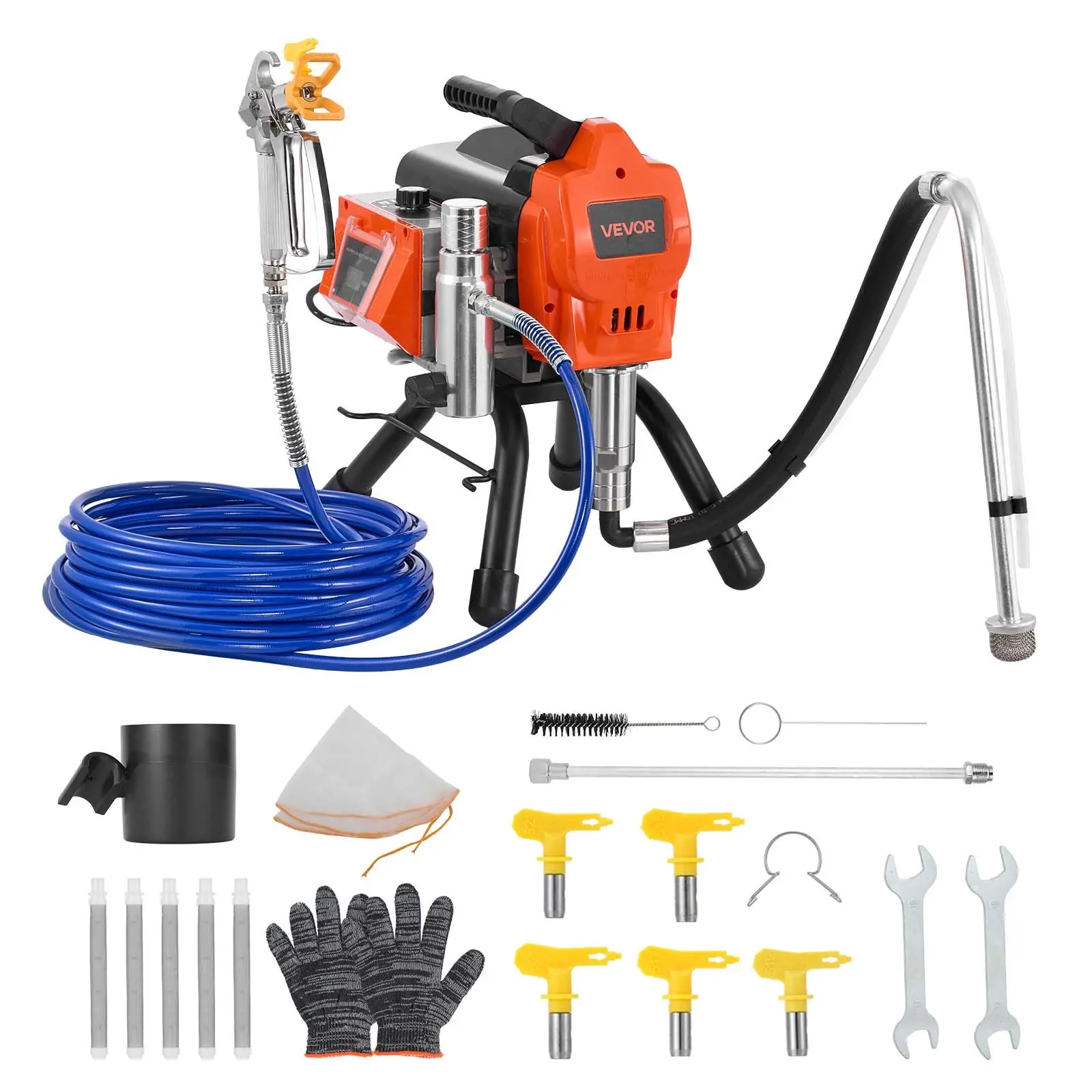 VEVOR TA-4900 Stand-Type Airless Paint Sprayer Kit, 1500W 3300PSI High-Pressure Electric Spray Gun, Aluminum Alloy Extension Rod, Hose, Nozzles, Cleaning Brush for Large Apartments, Factory Buildings (Compatible with Inches-Meters Measurement Adapters)