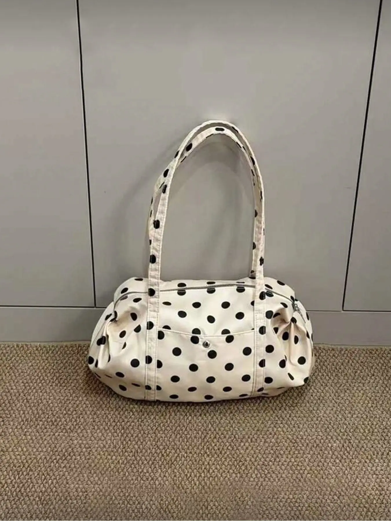 Korean Minimalist Polka Dot Shoulder Bag Large Capacity Fabric Tote Ultra Light Portable Travel Commuting Outdoor Daily Shopping Polka Dot Style