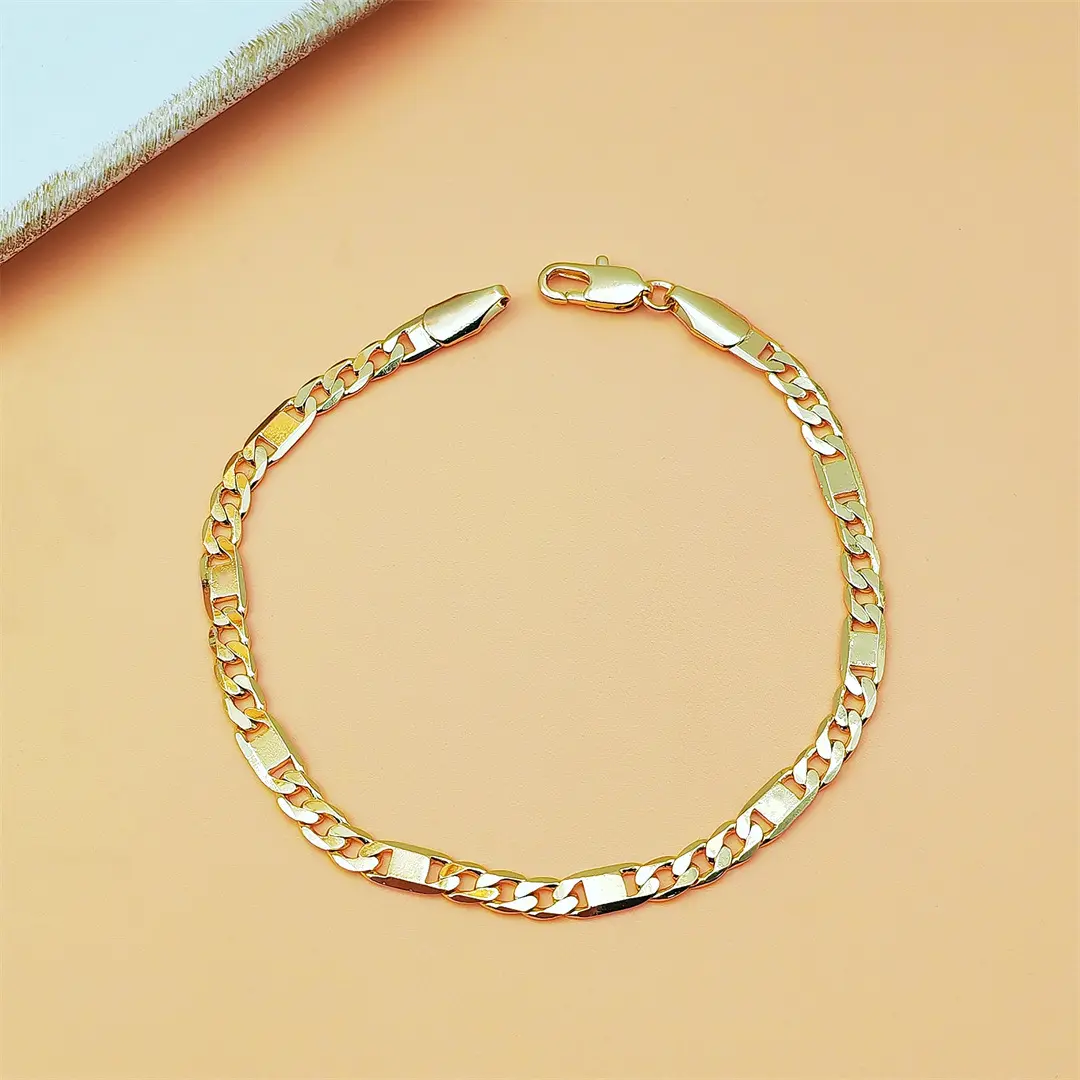 18K Gold Plated Copper Flat Cuban Link Bracelet Classic Curb Chain Wrist Bangle Minimalist Fashion Jewelry For Men Women Couple Length 19cm