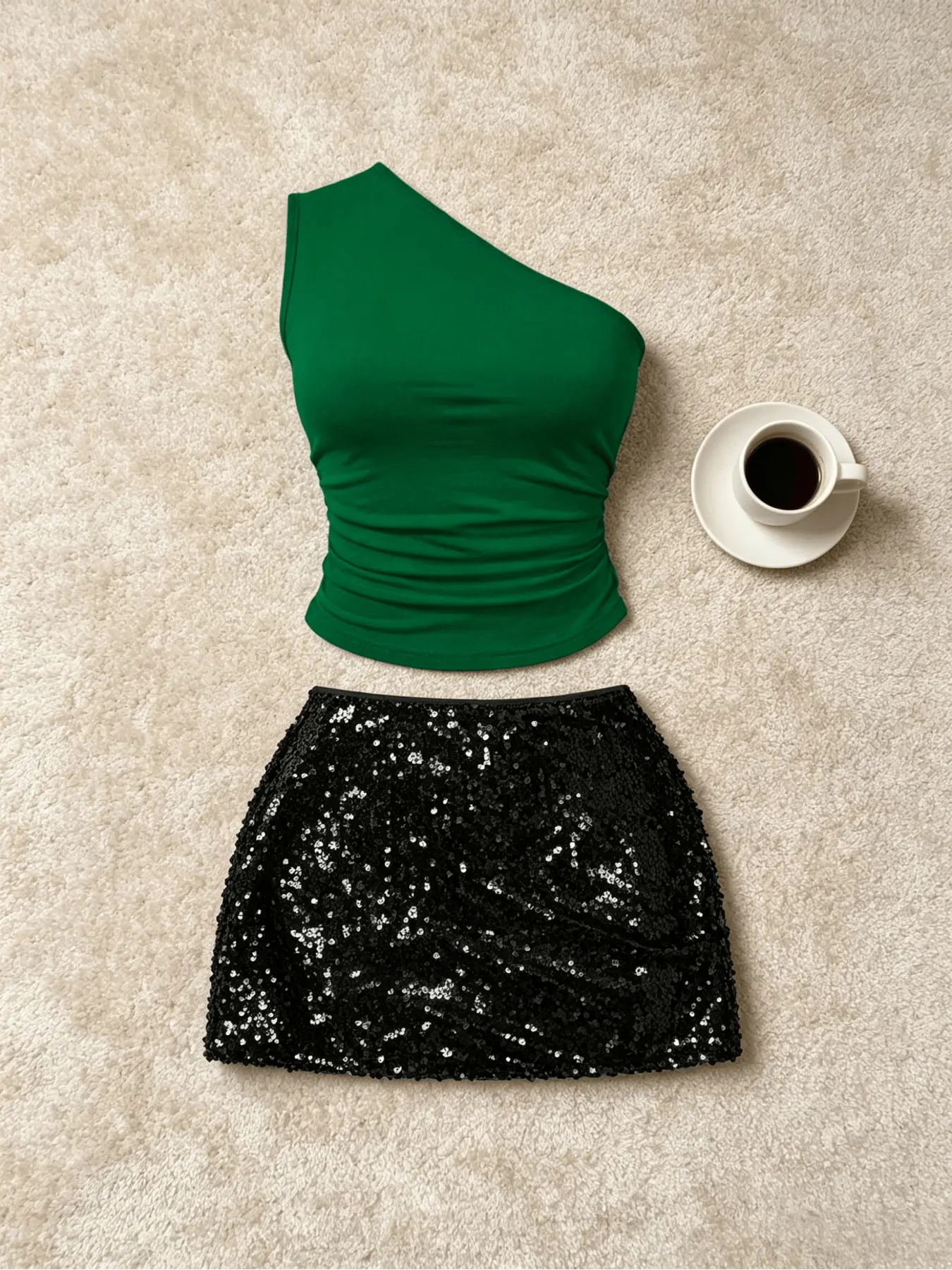 Women's One-Shoulder Top & Sequin Mini Skirt Set