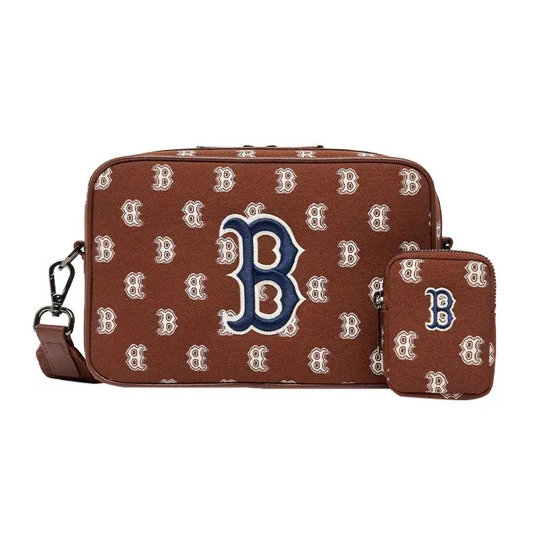 MLB Monogram Vintage Floral Print Camera Bag for Men and Women – Boston Red Sox Logo Crossbody Bag in Burgundy