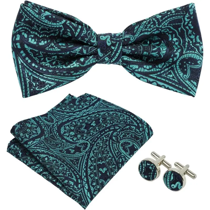 Mens Paisley Bow Tie Handkerchief Jacquard Woven Adjustable Pre-Tied Bowties Pocket Square Cufflinks Set