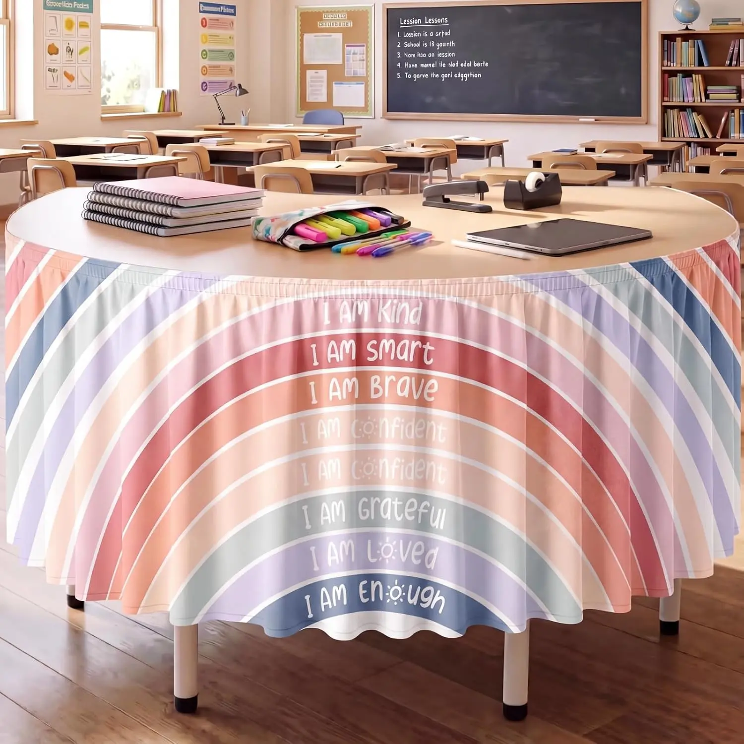 Bohemian Desk Skirt Teacher Tablecloth, Colorful Rainbow Classroom Decor, Kidney-Shaped Table Skirt, School Office Back-To-School Supplies