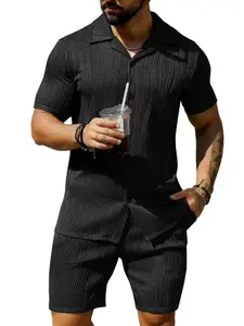 Men's Summer Wave Pattern Casual Breathable Solid Color Short Sleeve Shirt and Shorts Set, Comfortable and Stylish for Warm Weather