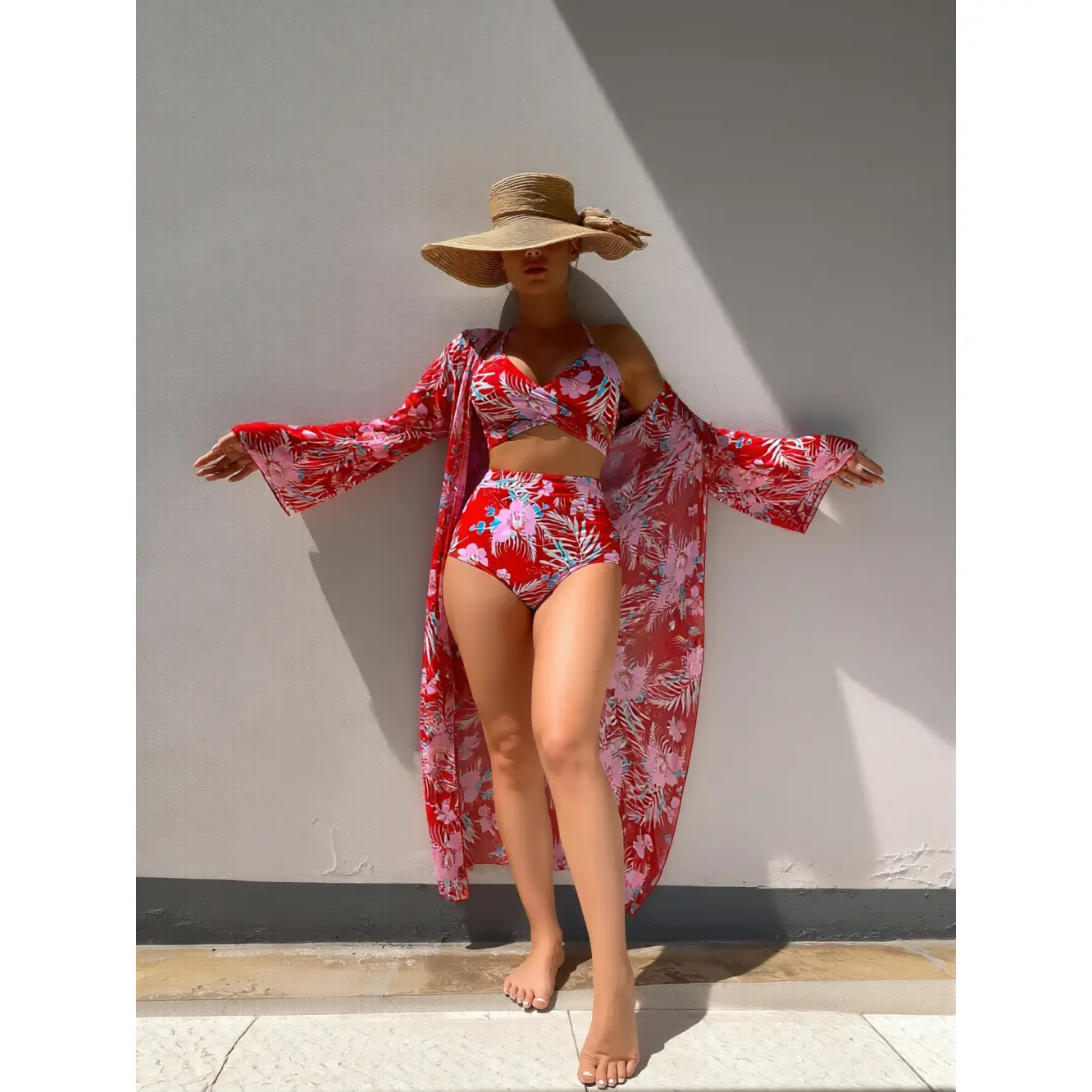 Women's Bikini Set 3-Piece, Tropical Floral High Waist Bathing Suits with Chiffon Kimono Cover Up, Tummy Control Casual Fashion Swimwear