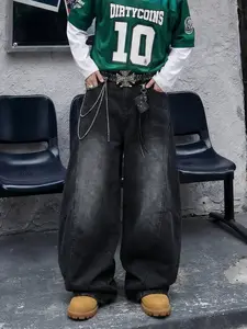 Men's Loose Fit Black Denim Pants with Color Block Design, American Trendy Y2K Streetwear Rock Casual Layered Flared Wide Leg Jeans, All-Season Style