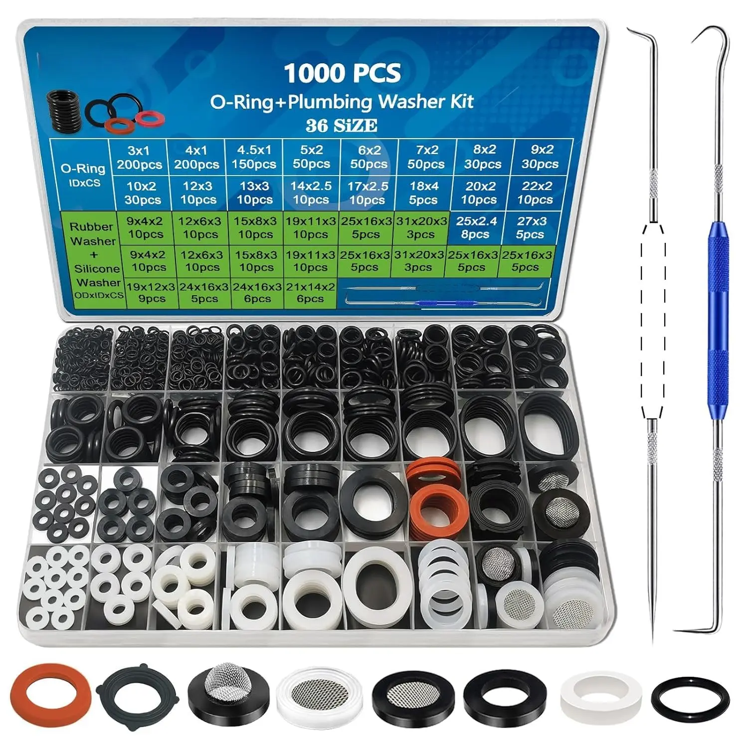 1000 count 18 Size O Ring Kit+18 Size Rubber Washers  Kit for Plumbing Faucet Water Pipe Garden Hose Washers Shower Heads Gasket Repair and Air or Gas Connections