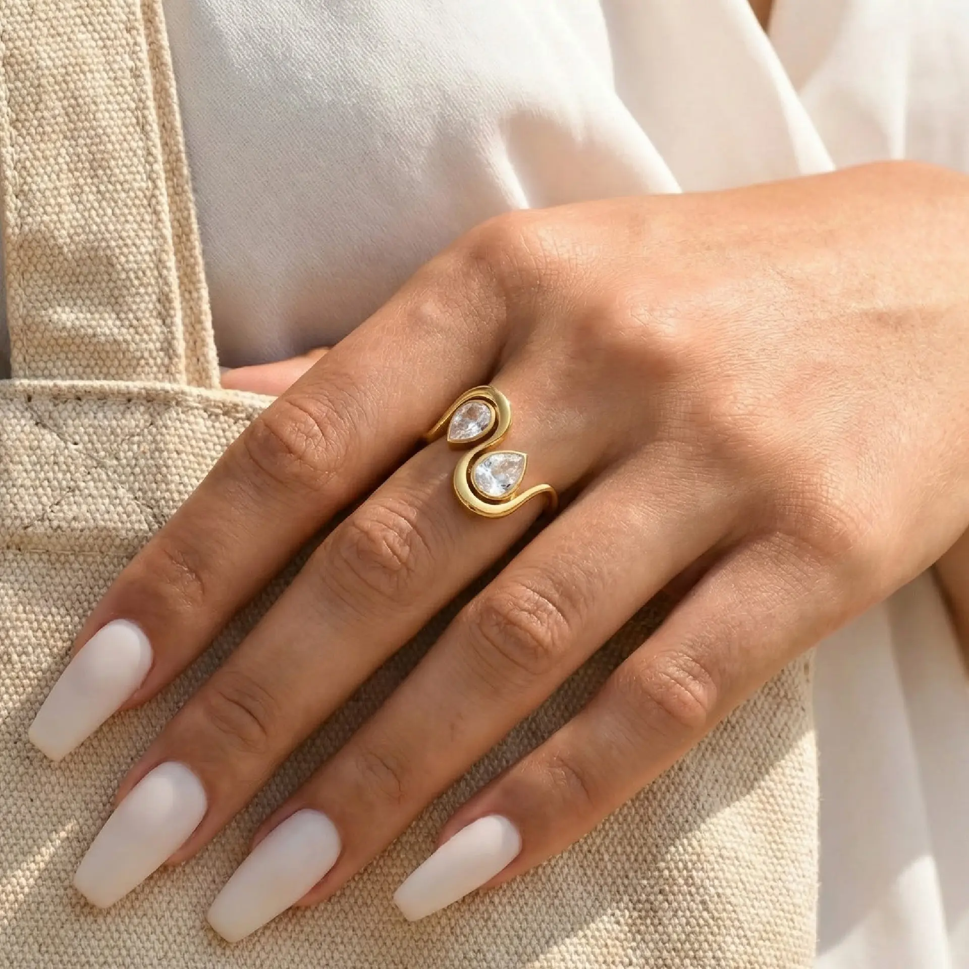 Minimalist Double Teardrop Ring with Cubic Zirconia for Women, Dainty Adjustable Open Band, Elegant Gold-Tone Stackable Jewelry for Everyday Wear, Elegant Everyday Ring, Exquisite Trendy Ring