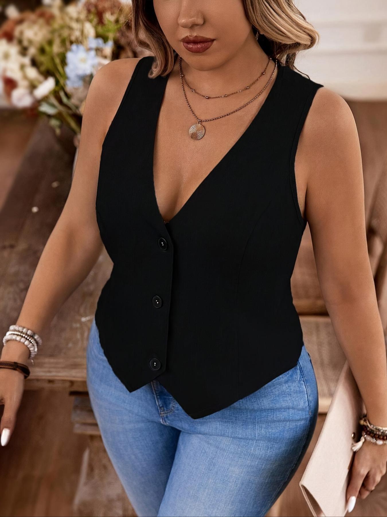 Plus Size Solid Color Vneck Vest, Minimalist Fitted Vest, Casual Basic Fitted Sleeveless Outerwear for Daily Wear, Women's Plus Clothing for All Seasons, Black Button Front Vest, Blazer Vest, Casual Comfy Vest