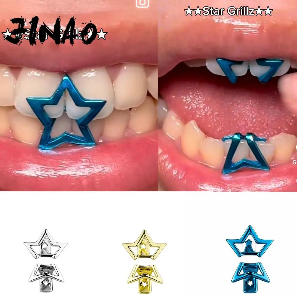 JINAO Hip Hop 2pcs Upside Five-pointed Star Teeth Single Grillz Set Men Women Top&Bottom Shiny Grill Punk Rapper Christmas Gift