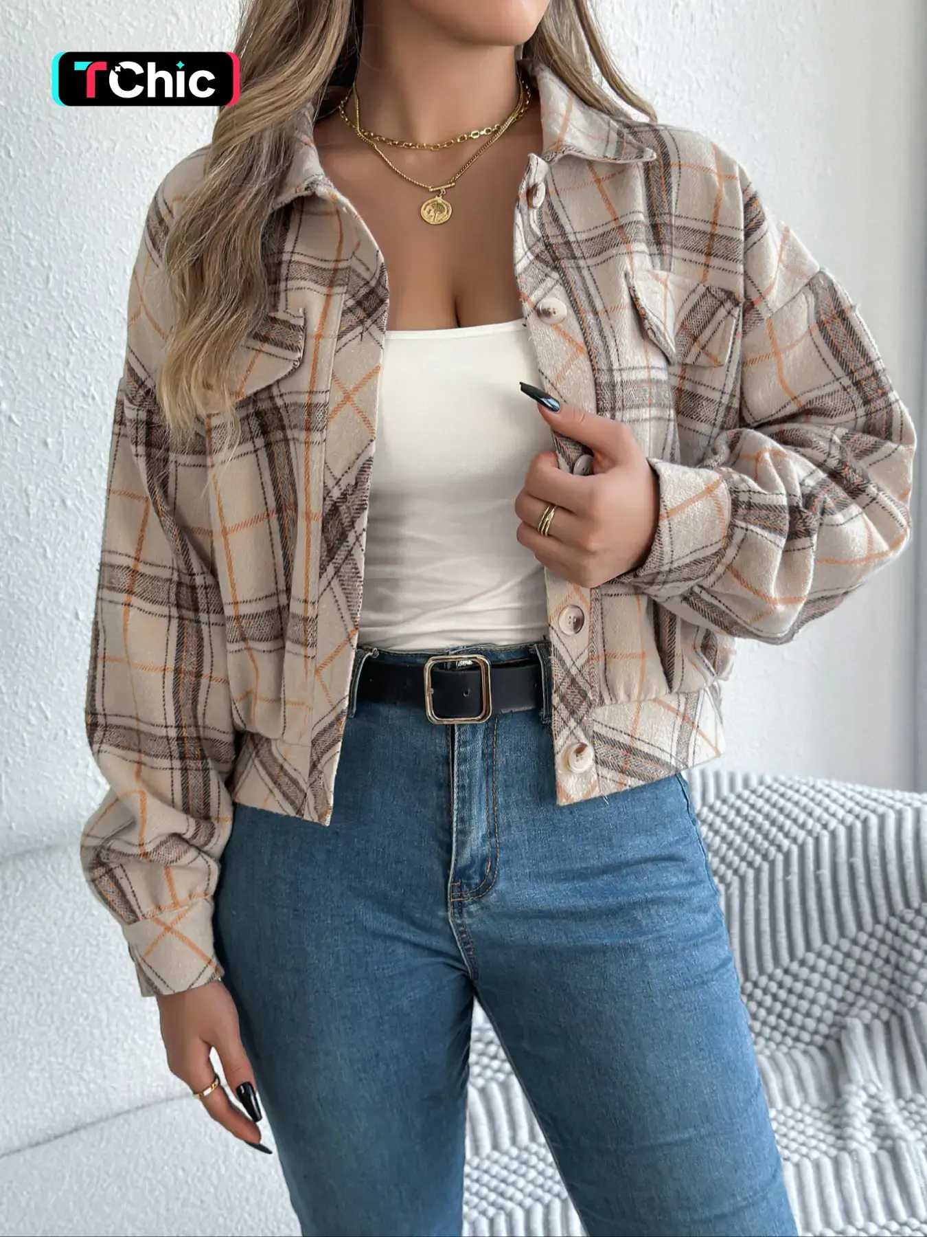 Women's Plaid Print Button Front Drop Shoulder Jacket Coats, Casual Long Sleeve Collared Outerwear for Fall & Winter, Ladies Clothes for Daily Wear