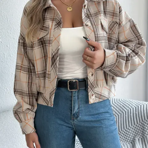 【Black Friday】Women's Plaid Button-Front Drop-Shoulder Jacket, Casual Long-Sleeve Collared Outerwear for Fall & Winter Daily Wear