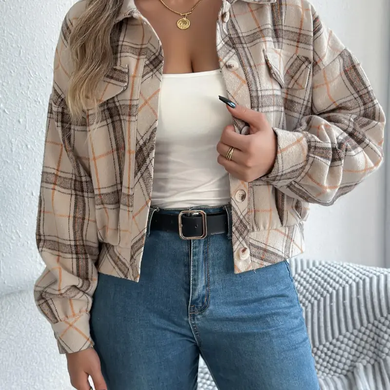 【Black Friday】Women's Plaid Button-Front Drop-Shoulder Jacket, Casual Long-Sleeve Collared Outerwear for Fall & Winter Daily Wear