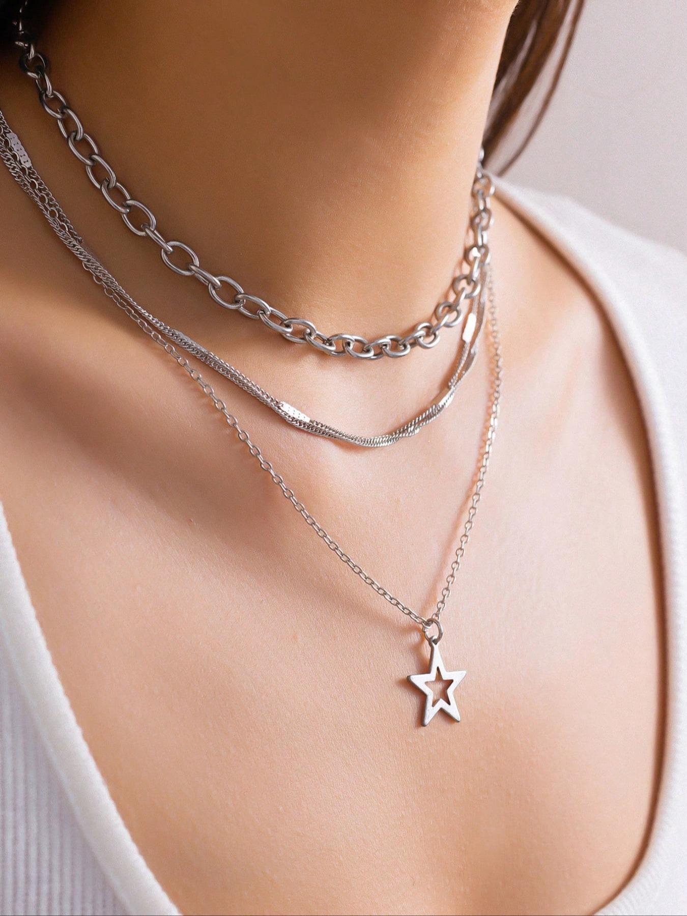 4-Piece Punk Style Star Pendant Necklace Set, Unique Layered Design, Ideal Gift for Punk Fashion Lovers, Modern Versatile Accessories
