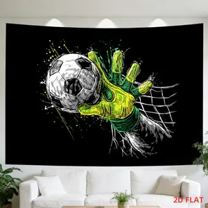 Multi-Size Traditional Soccer-Themed Tapestry - Dynamic Goalkeeper, Gloves, Ball, Net Pattern on Black Background, Engagement & Bonfire Ceremony Decor for Living Room, Bedroom - No Glow Home Decor Hanging