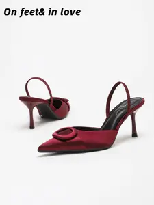 Women's Satin Pointed Toe Slingback Heels, 4 Colors Brown/Purple/Burgundy/Leopard Print 3D Round Buckle Stiletto Pumps, Elegant Office Date Night Party Wedding Daily Shoes