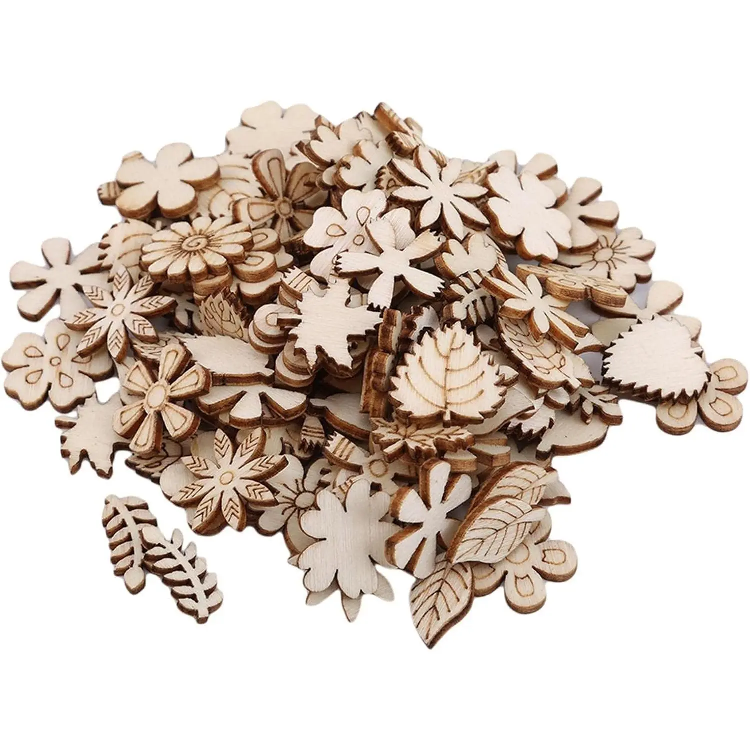 100-Count Unfinished Rustic Wooden Flower Slice & Leaf Cutouts, Paint-Ready Mini Woodcrafts for Beginner Crafting, DIY Room Decoration & Gifting Supplies