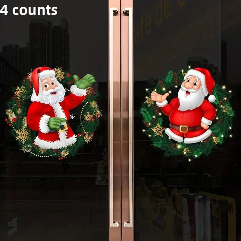 4 Counts  Christmas Glass Window Stickers, Santa Claus Pattern Window Stickers, Bedroom Living Room Home Shopping Center Decorative Stickers, Removable Stickers