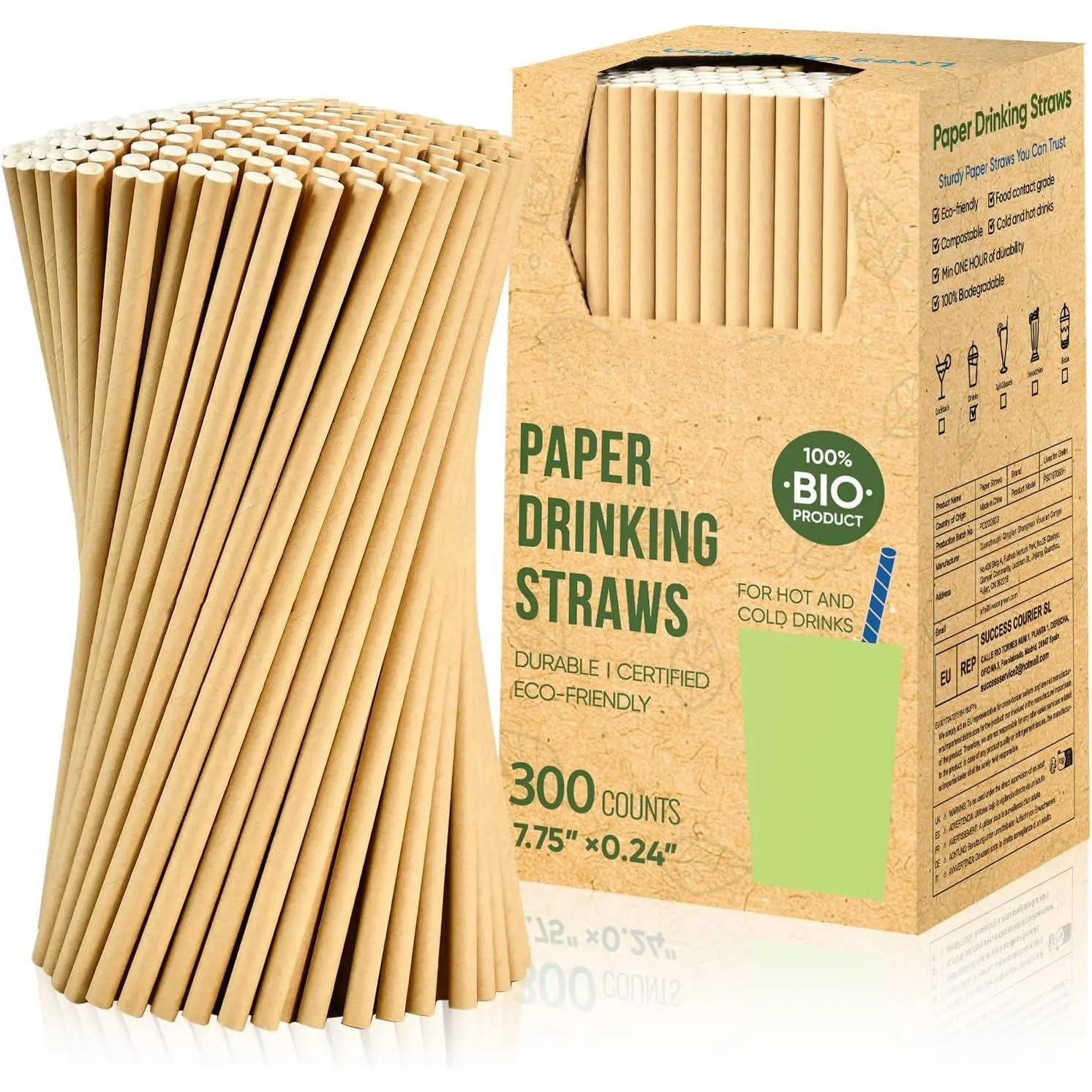 [300 Pack]   Brown Paper Straws, 7.75" x 0.24", Compostable Disposable Drinking Straws for Smoothie, Juice, , Cold Drinks, Parties, Restaurants & Crafts