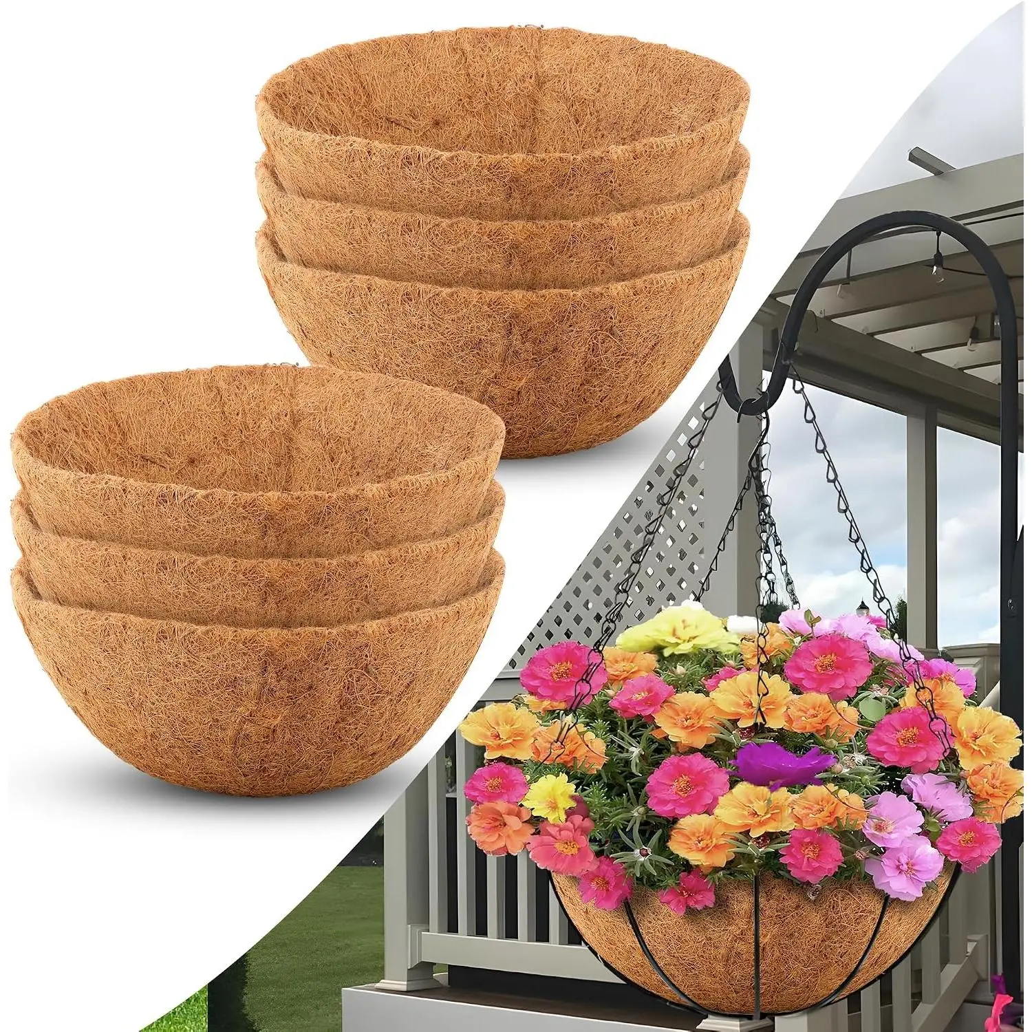 Coco Liners for Planters 14 Inch, 6 Pack Round Hanging Basket Liners, Coconut Fiber Liners for Planters Flowers Garden