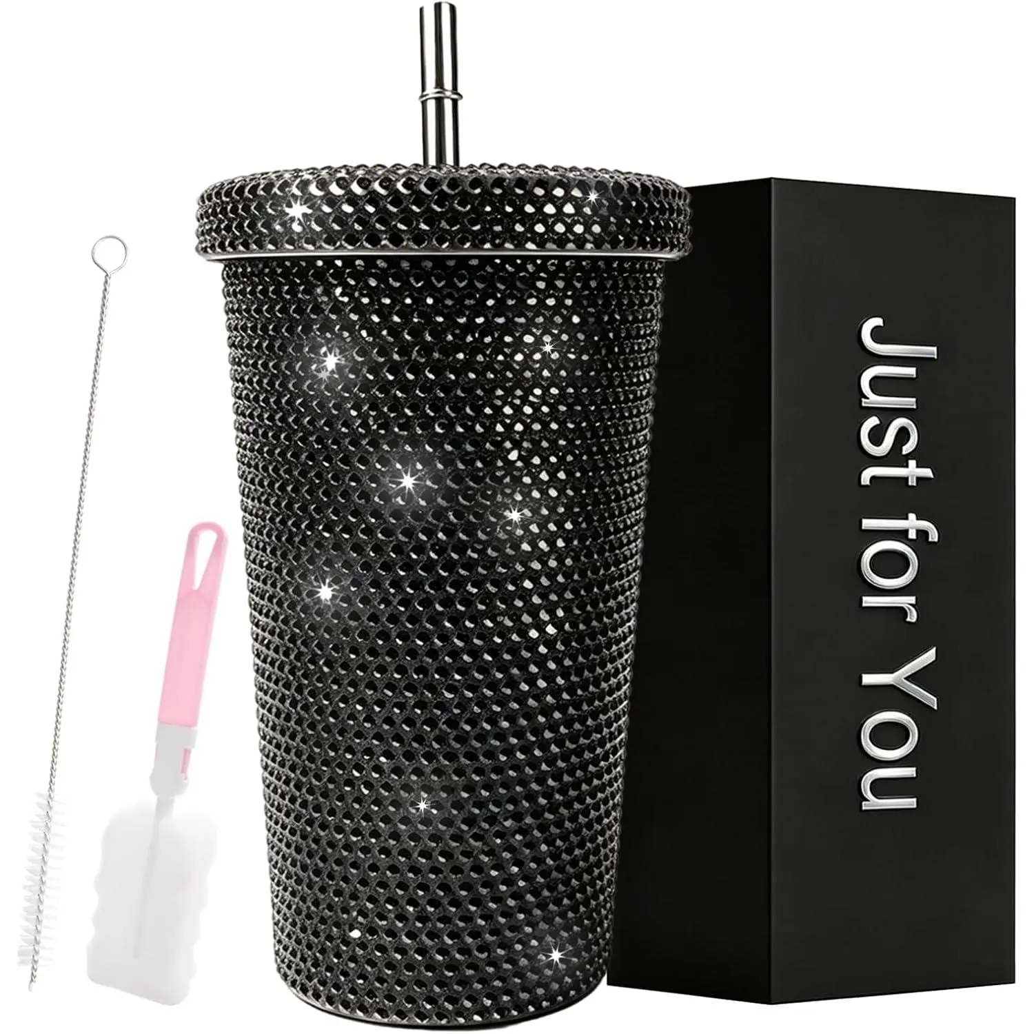 17oz Bling Water Bottle Rhinestone, Sparkle Tumbler with Straw and Lid, Diamond Cup, Bling Tumblers for Women, Crystal Water Bottle, glitter tumbler,Black