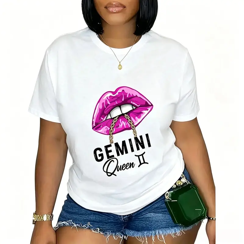 good graphic tees funny graphic teeMen's 100% Cotton Fitted Sleeve Chic Elegant Lady Purple Gemini Lips Queen Birthday Zodiac Star Sign T-Shirtcotton graphic tees 180g POD
