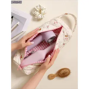 Quilted Hair Tool Organizer Bag with Floral Bow Print, Travel Storage Case for Hair Dryer, Curling Iron and Straightener, Portable Zipper Cosmetic Pouch, Cute Beauty Travel Essentials for Home and Vacation