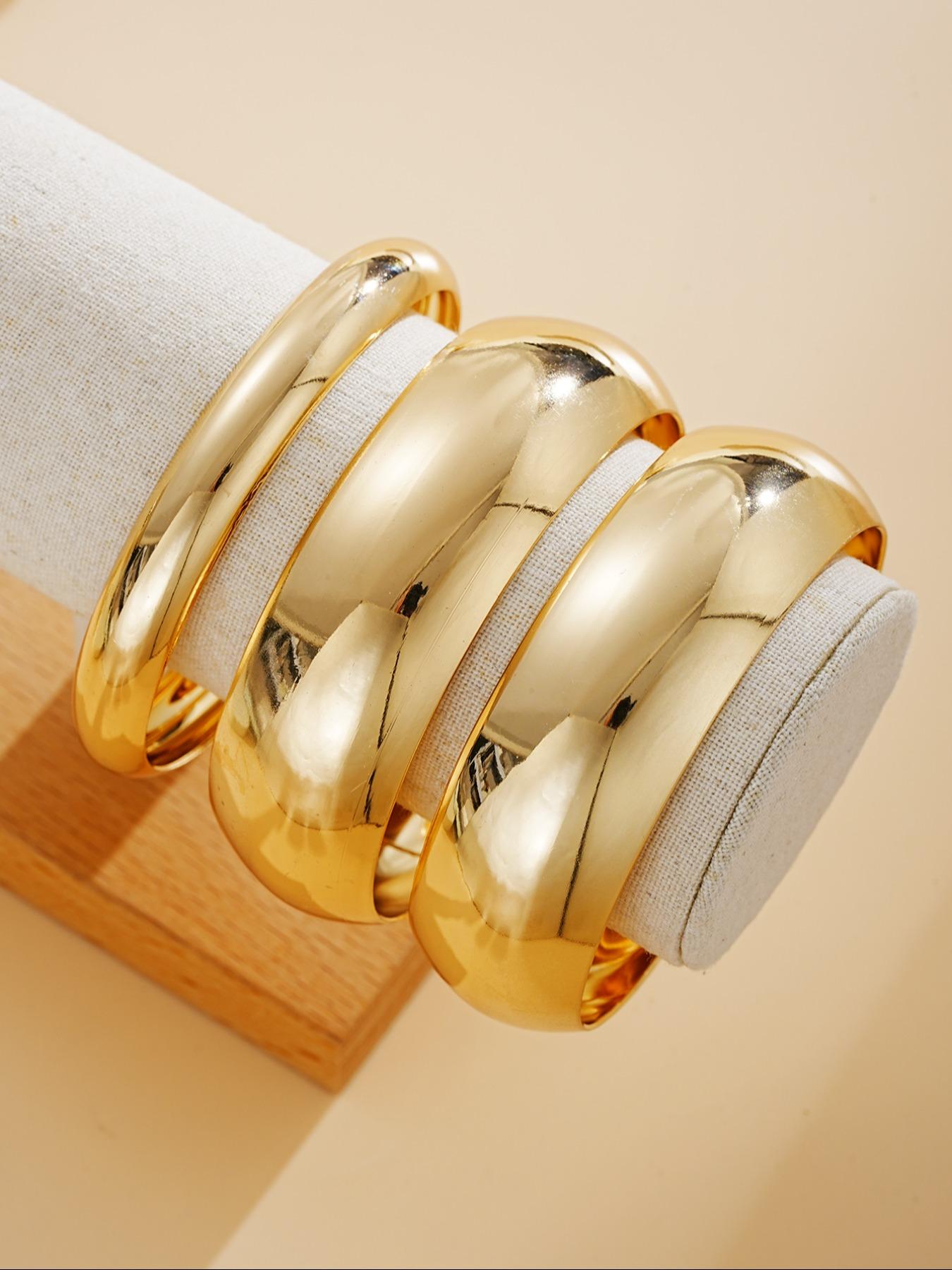 Elegant Wide Smooth Bracelet Set, Fashionable Versatile Exaggerated Design, 3-Piece Jewelry Collection, Layering, Stackable Bracelet, Perfect for Stylish