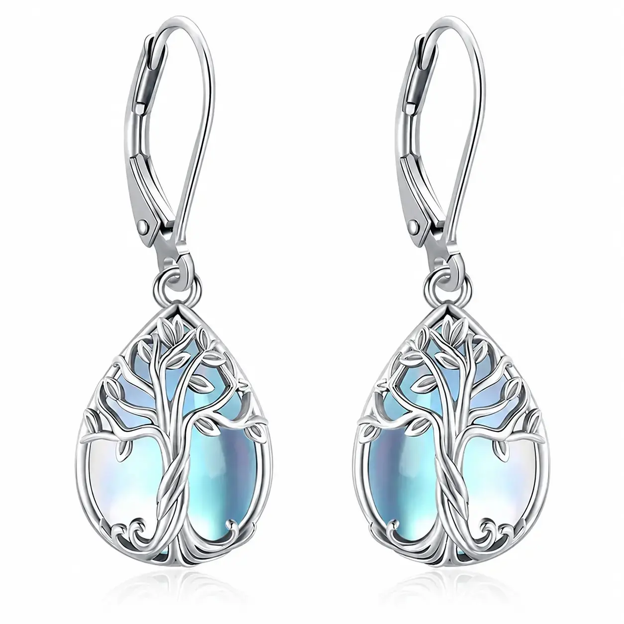 925 sterling silver Tree of Life Moonstone Drop Earrings Vintage Boho Nature Inspired Dangle Earrings with Iridescent Teardrop Stone Mystical Cottagecore Fairycore Jewelry for Women Girls Daily Wear Festivals Parties Birthdays Anniversaries and Gifts