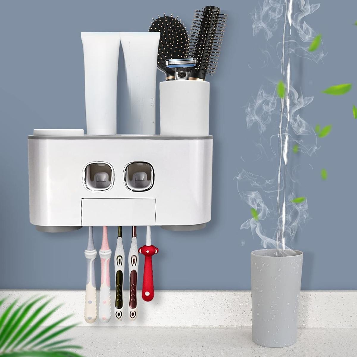 Toothbrush Holder Wall Mounted,  Multi-Functional Toothbrush and Toothpaste Dispenser for Bathroom, 2 Toothpaste Squeezers and 4 Cups Set