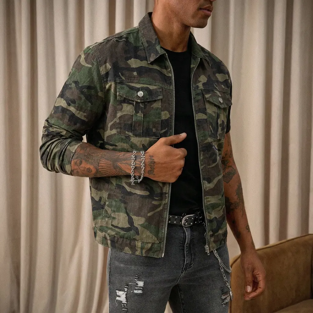Mens Vintage Long-Sleeves Camouflage Trucker Jacket, Menswear, Classic Woodland Camo Lapel Collar Zip-Up, Dual Snap-Flap Chest Pockets, Straight Relaxed Fit Woven Canvas Utility Outerwear for Urban Street Camping, Tops, Zipper, Full Length, All Seasons
